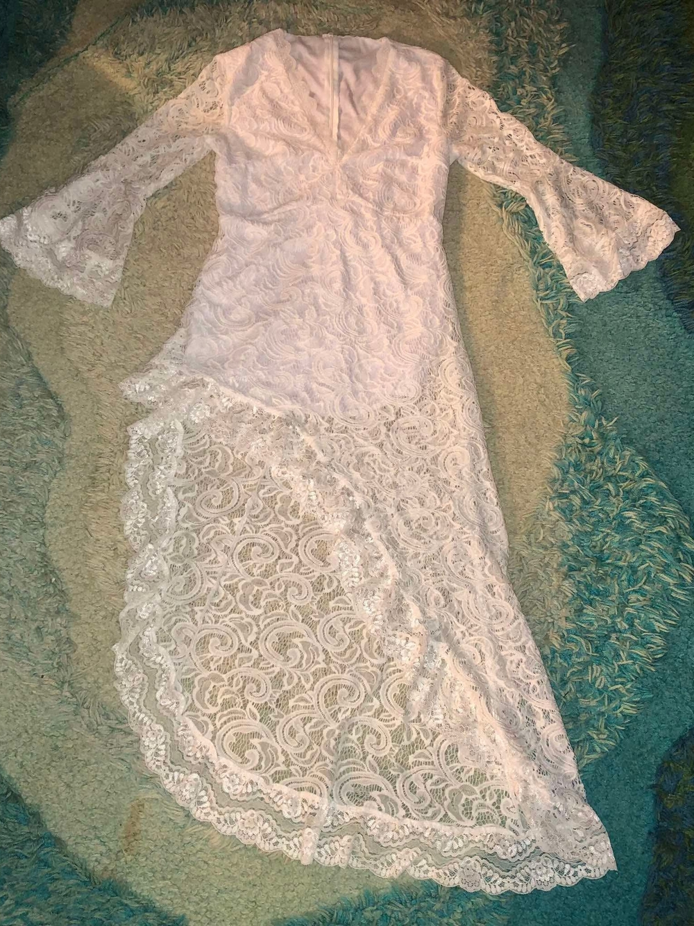 White Lace Asymmetrical V-Neck Dress with Bell Sleeves